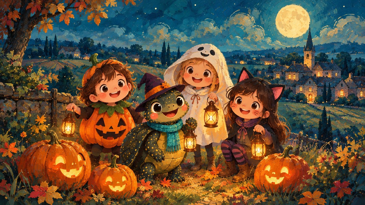 La cistude en chapeau de sorcière avec trois enfants déguisés devant un village du Berry sous la lune